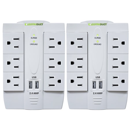 Electriduct Outlet Tap, Surge, Swivel, USB, 2 USB/6 Outlet(s) White, 1 PK PDC-SWIVEL-6P-2U-WT-2PK